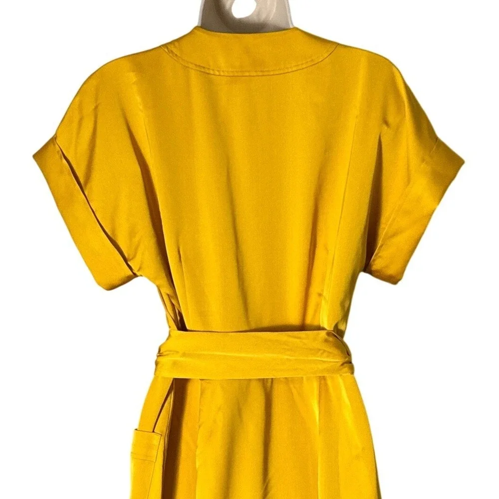 J. Crew Short Sleeve Wrap Dress in Satin Crepe Gold V Neck Front Pocket Size S